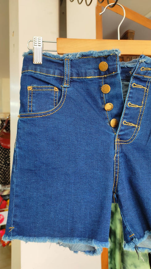 Dark Blue Bottom & Waist Ribbed Denim Shorts